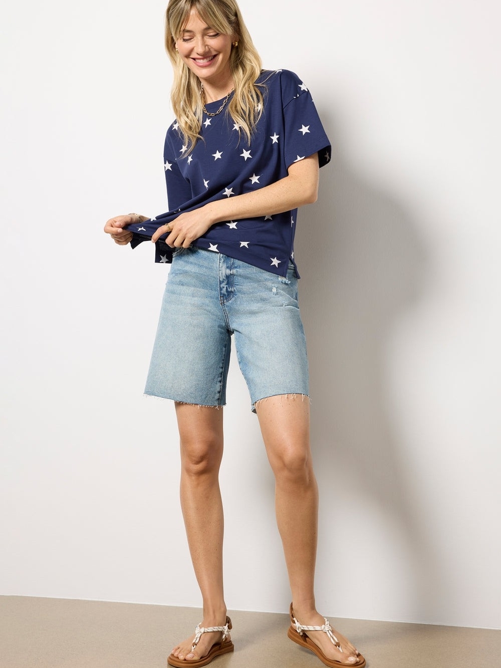 Evereve Ever Perfect Tee Navy with Stars Short Sleeve Pima Cotton Womens Small